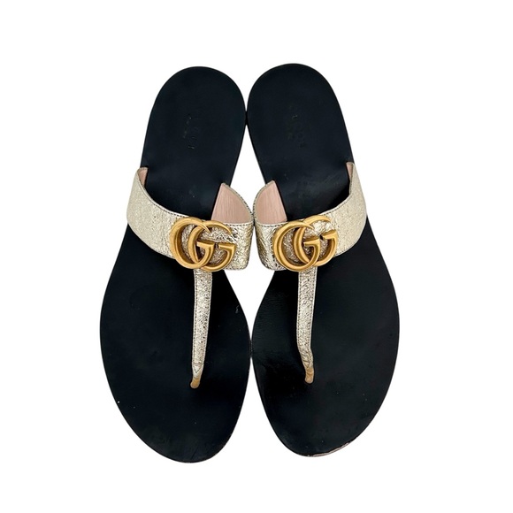 Gucci Shoes - Gucci Marmont GG Thong Sandals EU 41 US 11 Gold Leather Slip On Flip Flop Flat